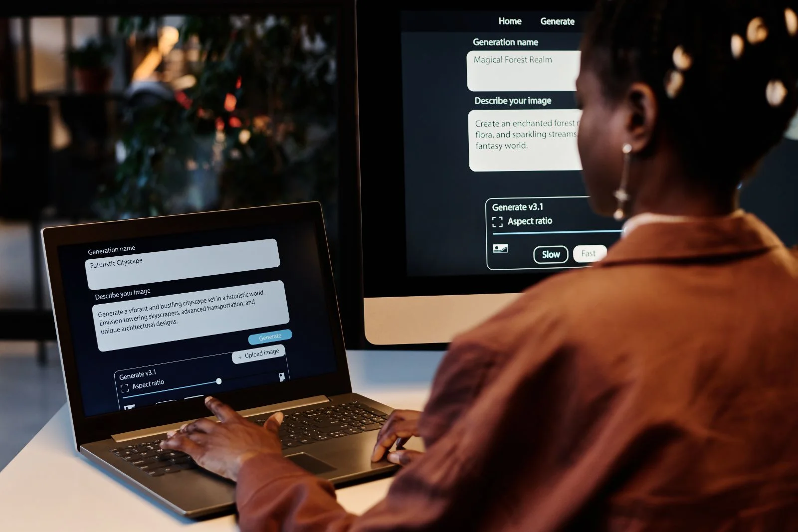 Woman using AI image generator
