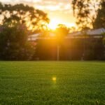 Backyard Maintenance Hacks showing a well-maintained green lawn in a residential backyard at sunset