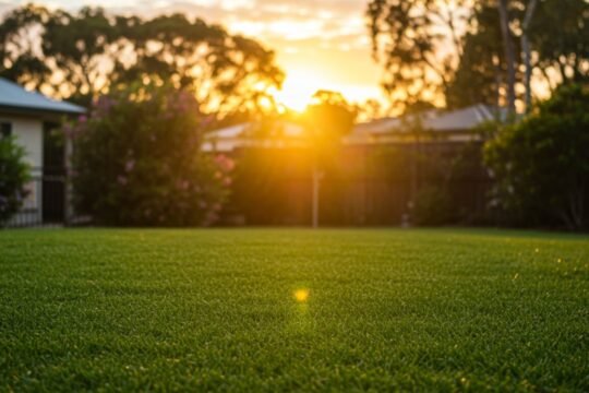 Backyard Maintenance Hacks showing a well-maintained green lawn in a residential backyard at sunset