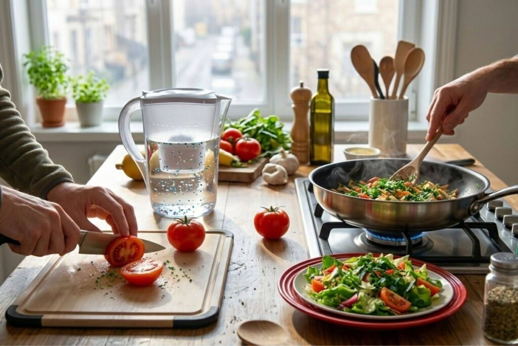 Microplastics in Food and Water concept showing filtered water, fresh vegetables, and cooking tools in a home kitchen.