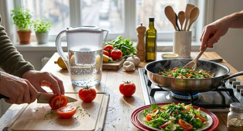 Microplastics in Food and Water concept showing filtered water, fresh vegetables, and cooking tools in a home kitchen.