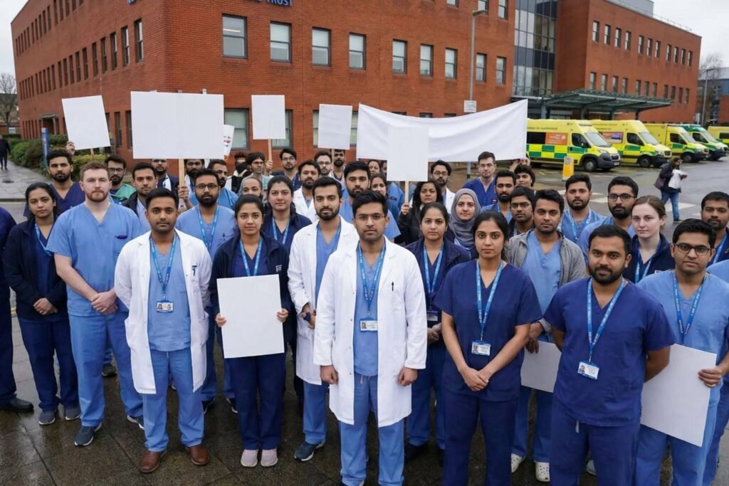 Resident Doctors Strike with NHS doctors standing outside a hospital holding protest placards during industrial action in the UK.