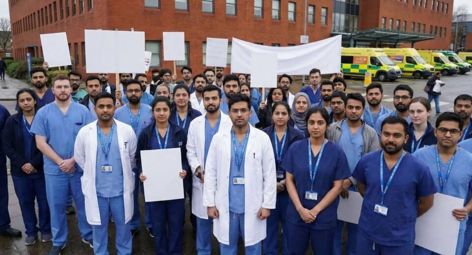 Resident Doctors Strike with NHS doctors standing outside a hospital holding protest placards during industrial action in the UK.