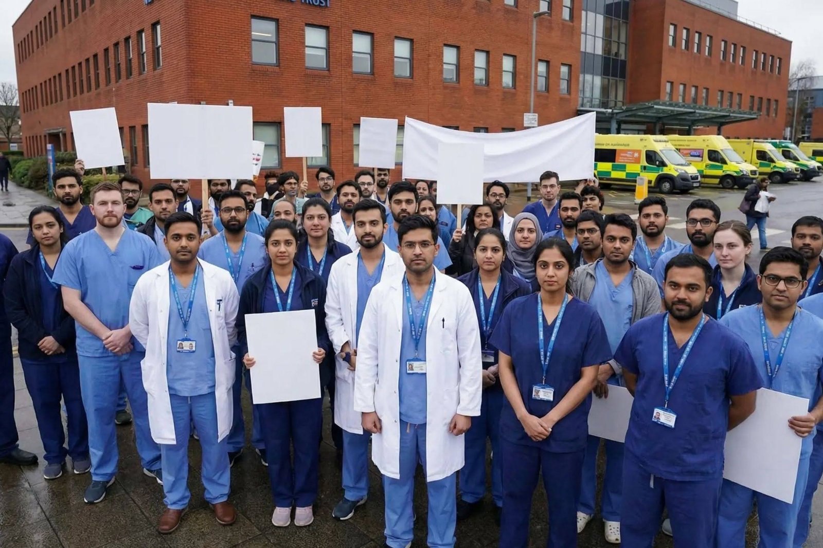 Resident Doctors Strike with NHS doctors standing outside a hospital holding protest placards during industrial action in the UK.