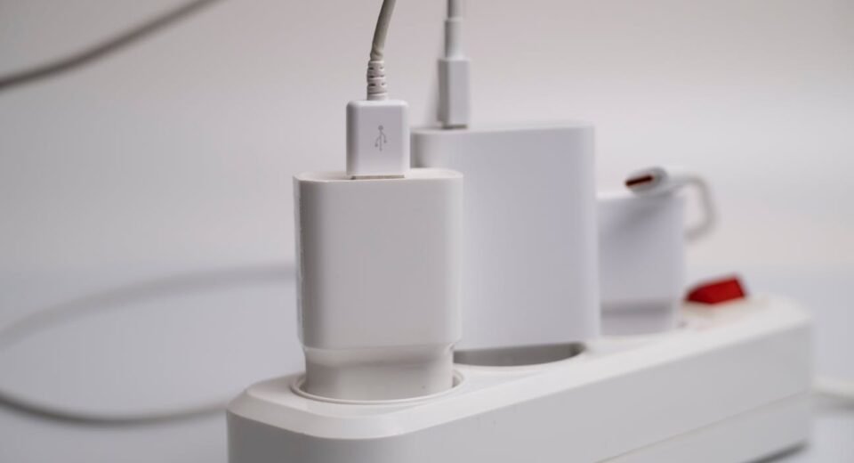 Close-up of a white USB charger plugged into a power strip with multiple charging devices