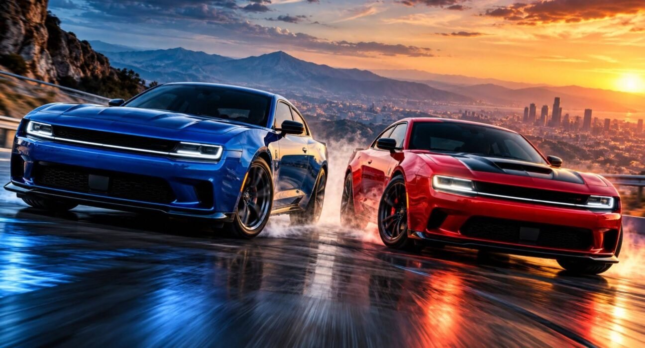 2025 Dodge Charger Daytona horsepower comparison with blue R/T and red Scat Pack racing on a mountain road at sunset