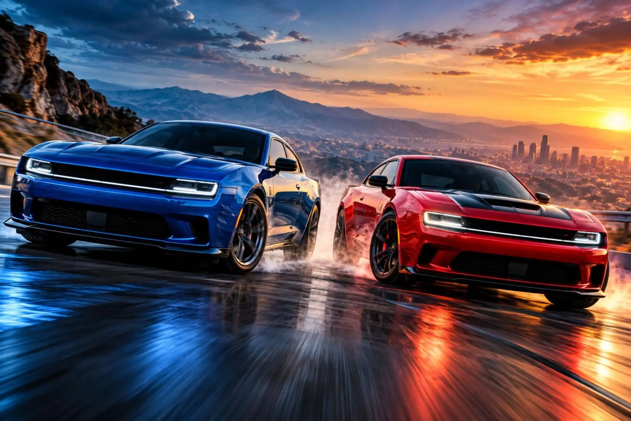 2025 Dodge Charger Daytona horsepower comparison with blue R/T and red Scat Pack racing on a mountain road at sunset