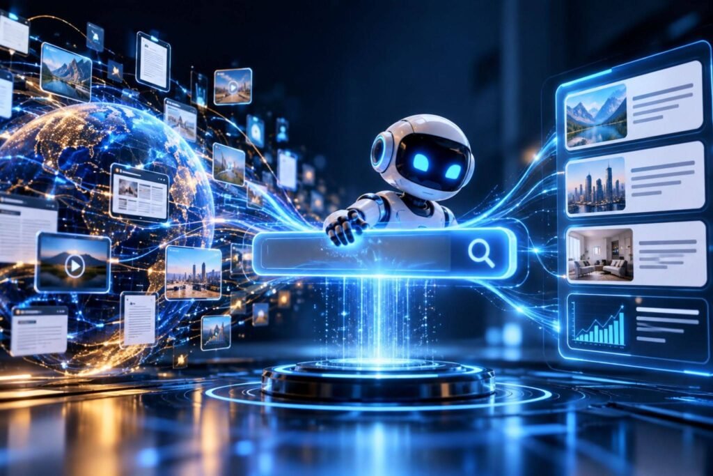 AI Search technology with an intelligent robot connecting users to relevant information and search results