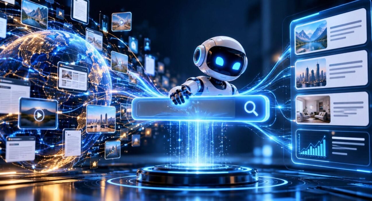 AI Search technology with an intelligent robot connecting users to relevant information and search results