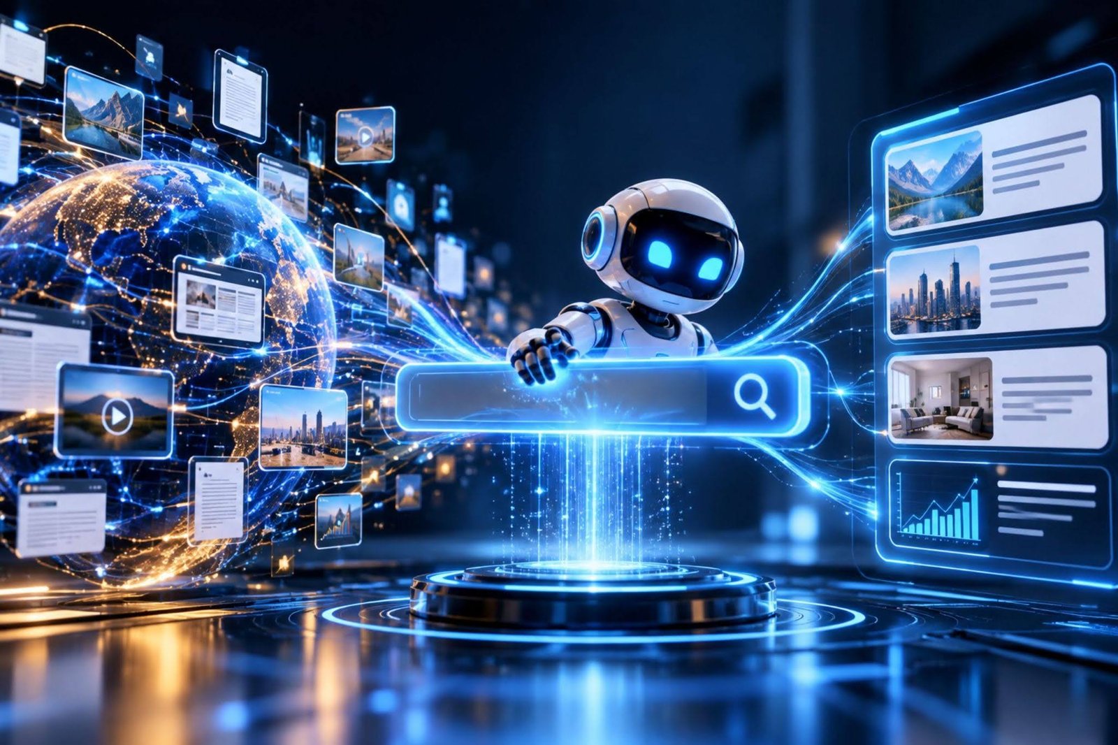 AI Search technology with an intelligent robot connecting users to relevant information and search results