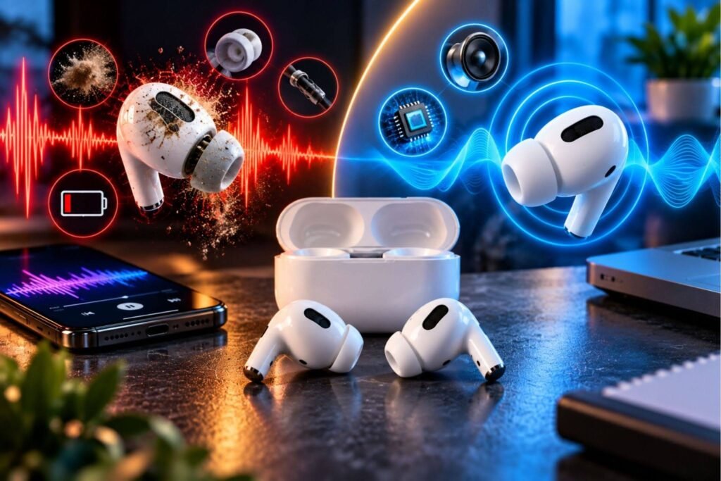 Earbuds sound bad comparison showing dirty earbuds with distorted audio next to clean wireless earbuds with clear sound