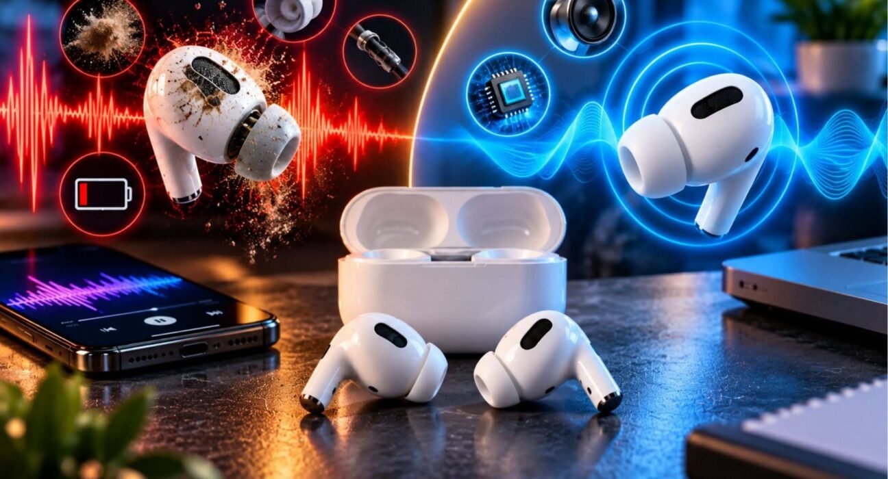 Earbuds sound bad comparison showing dirty earbuds with distorted audio next to clean wireless earbuds with clear sound