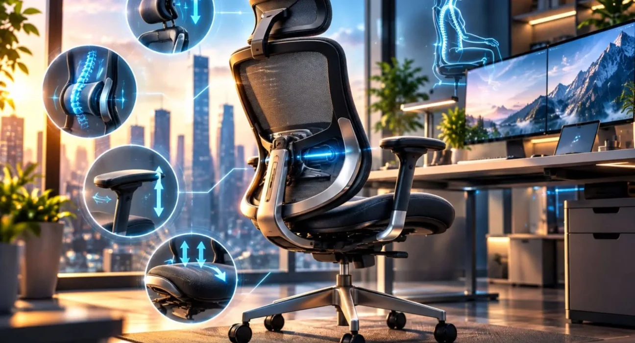 Ergonomic office chair with adjustable headrest, lumbar support, armrests, and seat in a modern office with dual monitors