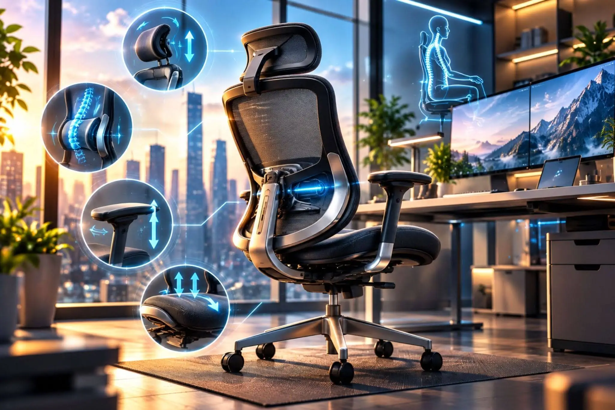 Ergonomic office chair with adjustable headrest, lumbar support, armrests, and seat in a modern office with dual monitors