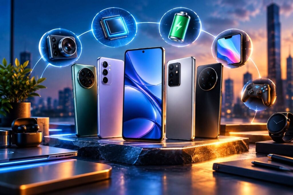 Five mid range android phones displayed on a marble stand with icons for camera, processor, battery, display, and gaming