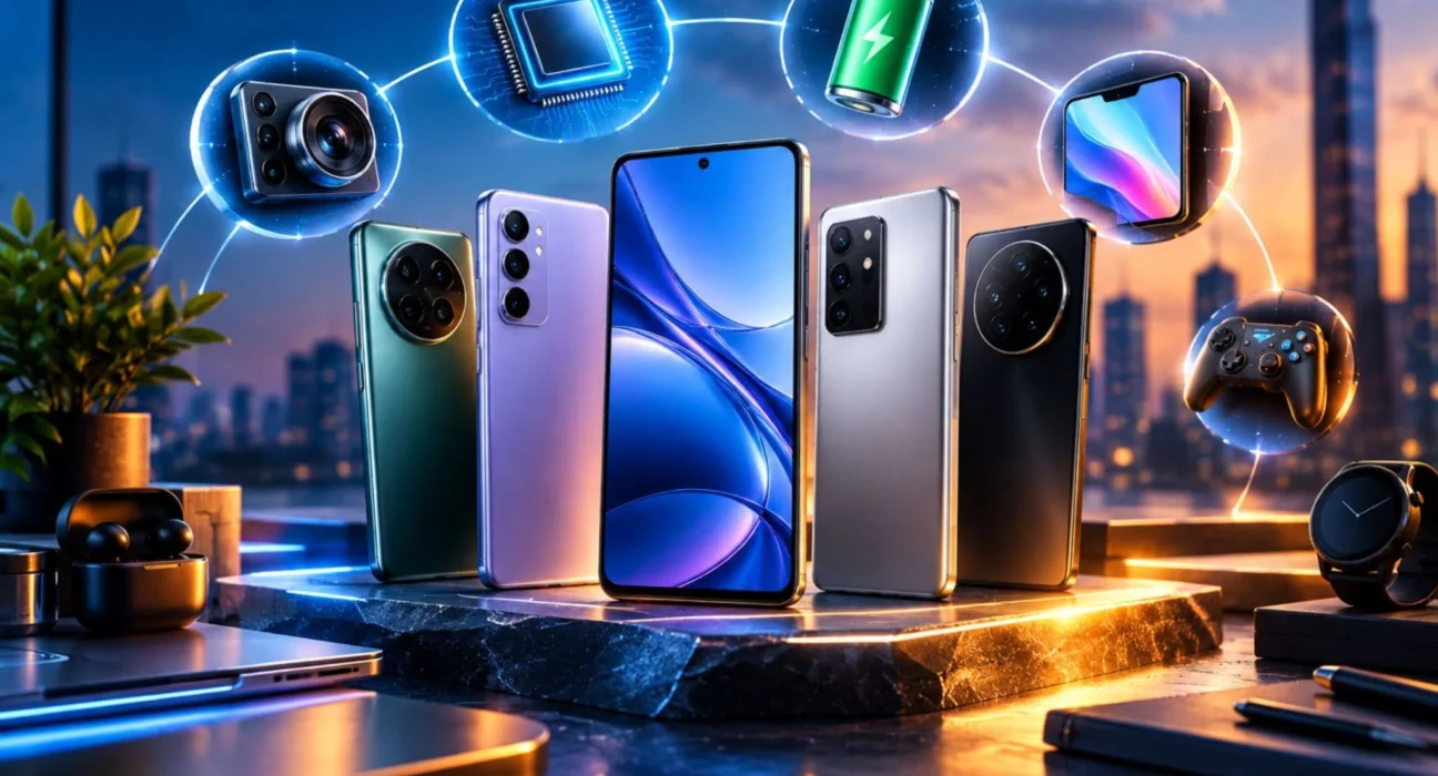 Five mid range android phones displayed on a marble stand with icons for camera, processor, battery, display, and gaming