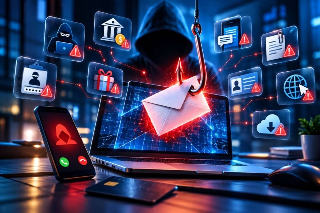 Phishing attacks illustration with a fishing hook pulling an email from a laptop, a hooded hacker, a suspicious phone call, and warning icons for fake bank alerts, gift scams, login theft, and malicious links