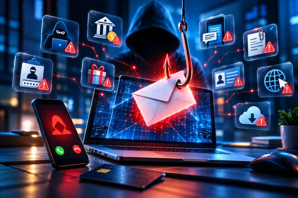 Phishing attacks illustration with a fishing hook pulling an email from a laptop, a hooded hacker, a suspicious phone call, and warning icons for fake bank alerts, gift scams, login theft, and malicious links