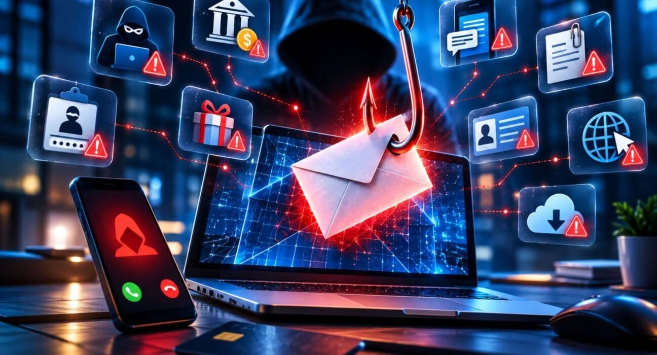 Phishing attacks illustration with a fishing hook pulling an email from a laptop, a hooded hacker, a suspicious phone call, and warning icons for fake bank alerts, gift scams, login theft, and malicious links