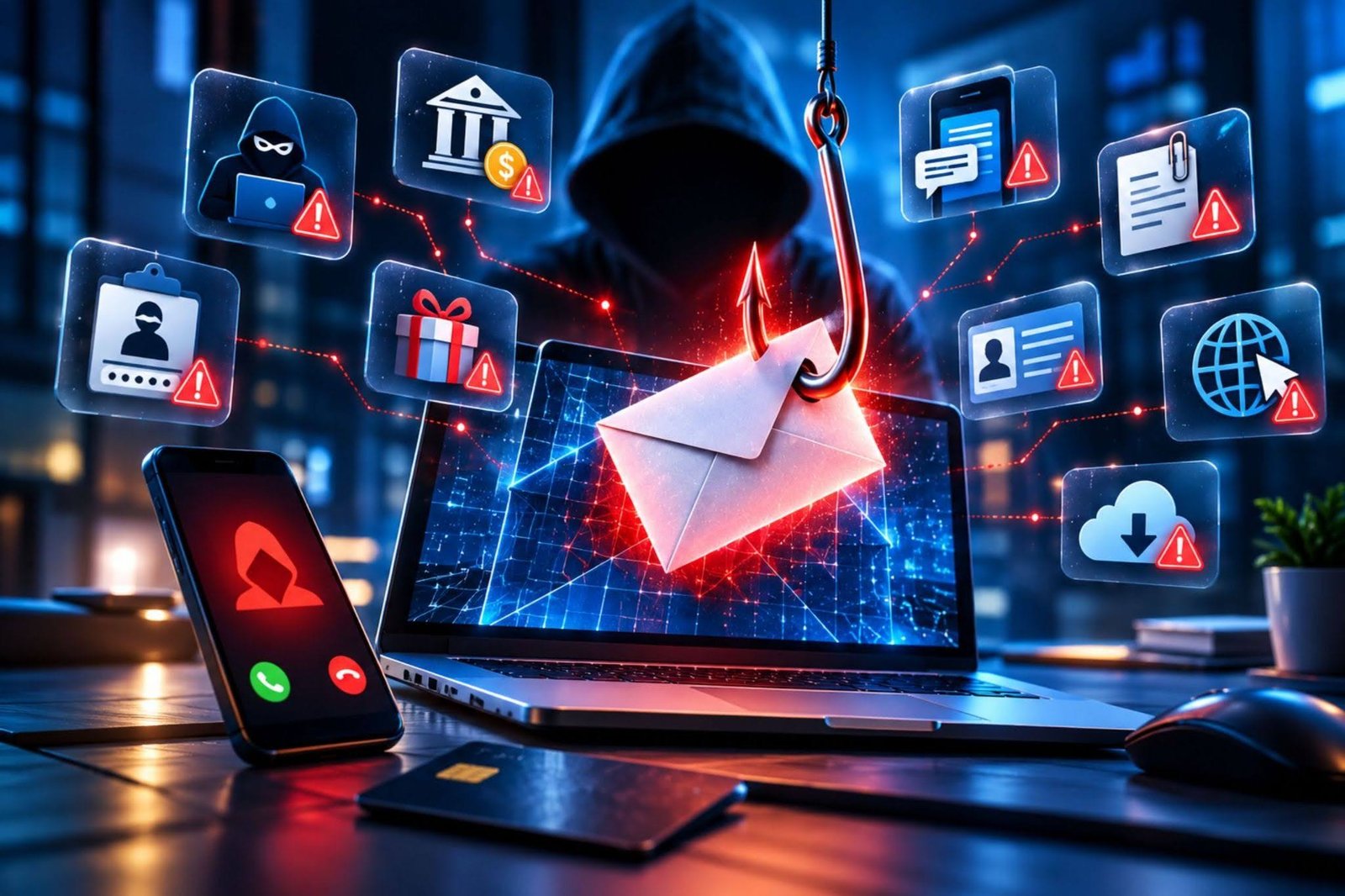 Phishing attacks illustration with a fishing hook pulling an email from a laptop, a hooded hacker, a suspicious phone call, and warning icons for fake bank alerts, gift scams, login theft, and malicious links