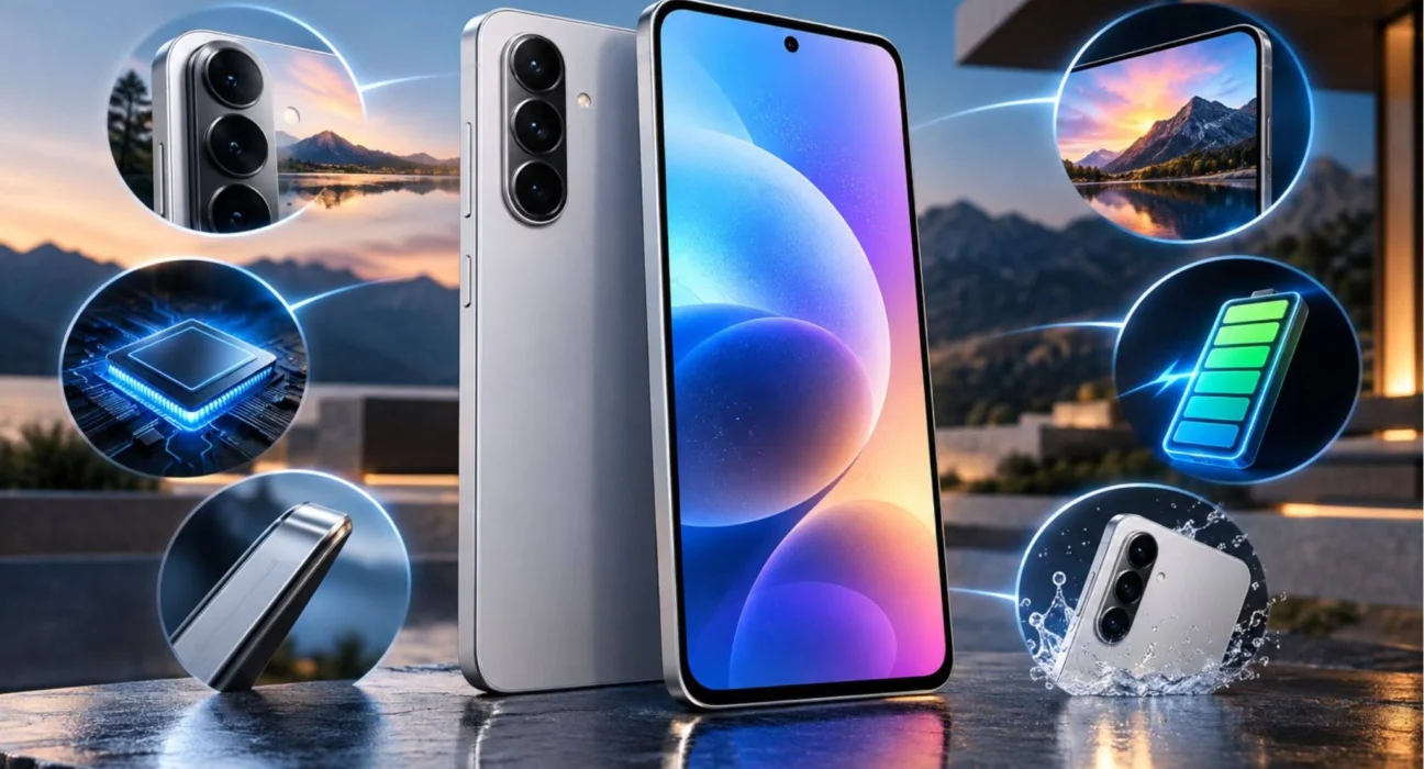 Samsung Galaxy A56 smartphone showcasing its camera, battery life, performance, and water resistance