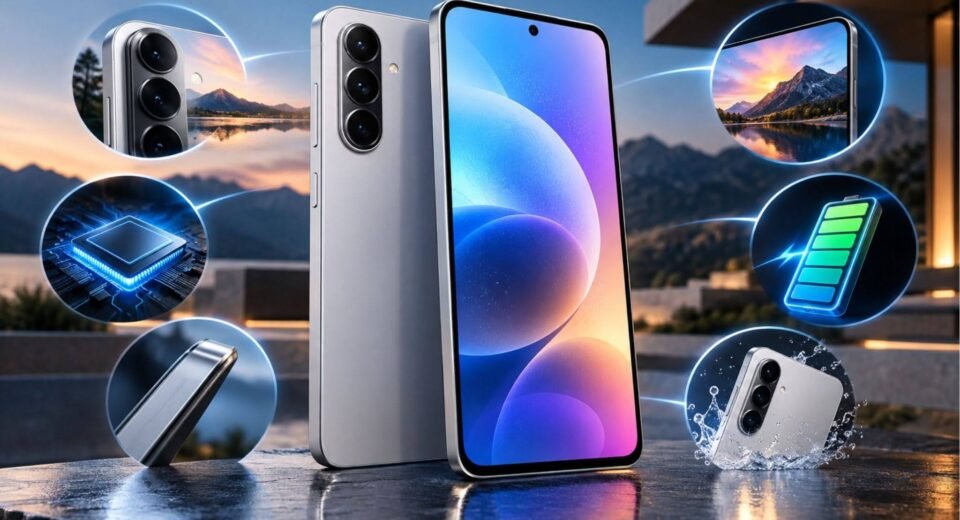 Samsung Galaxy A56 smartphone showcasing its camera, battery life, performance, and water resistance